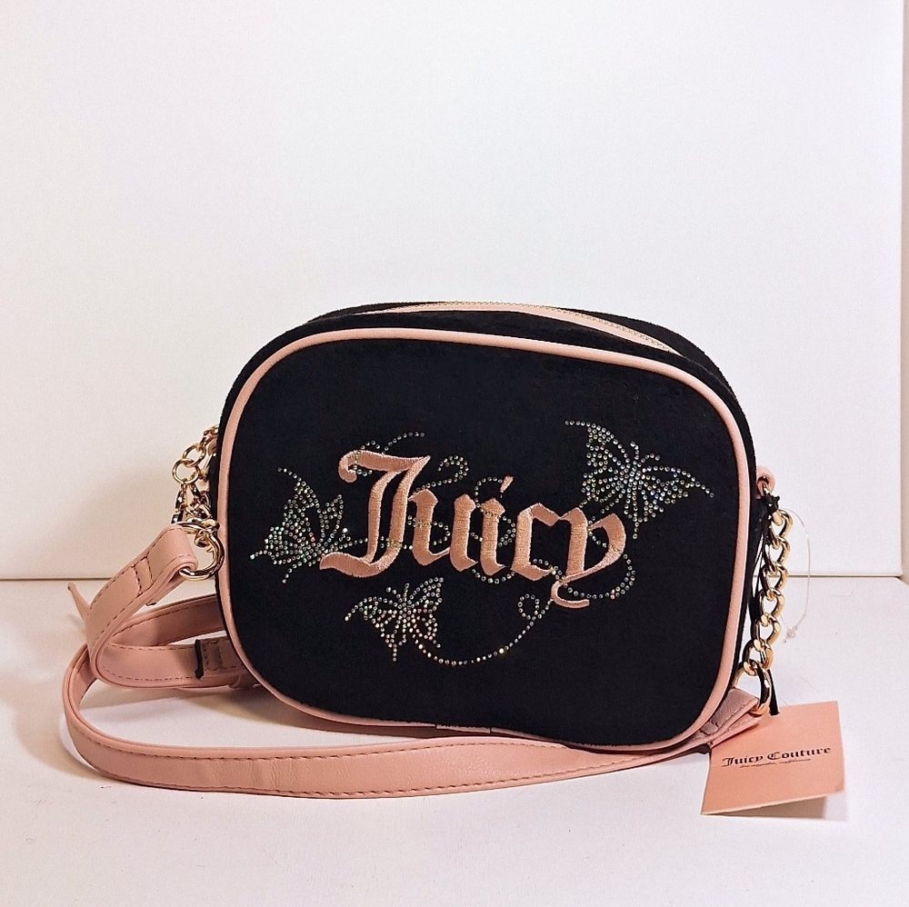 Juicy Couture Black and Blush Crossbody with Rhinestone Logo